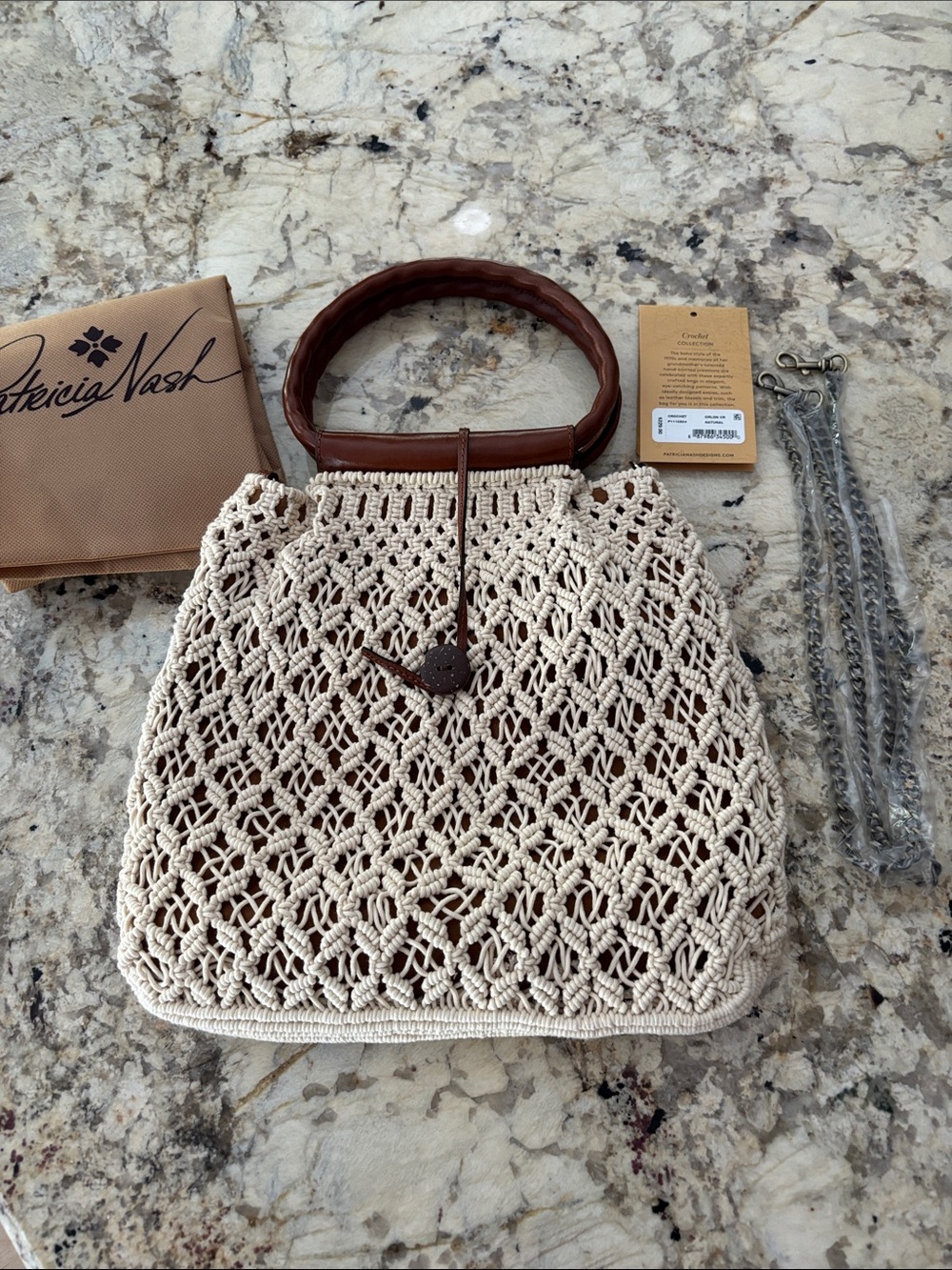Patricia Nash Geraldine Cream Crochet Shoulder Bag with Brown Leather Handle